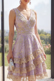 Floral Ruffled Dusty Lilac A Line Wedding Guest Dress with Lace