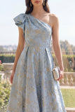 One Shoulder Dusty Blue Floral A Line Brocade Wedding Guest Dress