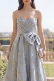 Strapless Dusty Blue Floral A Line Ruched Wedding Guest Dress with Bow