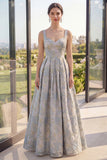 Dusty Blue Floral A Line Pleated Maxi Wedding Guest Dress