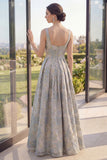 Dusty Blue Floral A Line Pleated Maxi Wedding Guest Dress