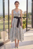 Dusty Blue Floral A Line Ruched Midi Wedding Guest Dress with Bow