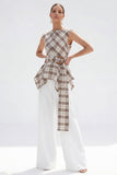 2 Piece Bateau Neck Grey Grid Women's Linen Suits with Belt