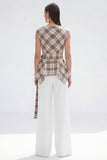 2 Piece Bateau Neck Grey Grid Women's Linen Suits with Belt