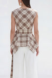 2 Piece Bateau Neck Grey Grid Women's Linen Suits with Belt