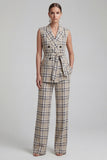 Grey Grid 2 Piece Peaked Lapel Women's Linen Suits with Pockets