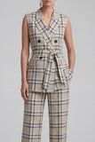 Grey Grid 2 Piece Peaked Lapel Women's Linen Suits with Pockets