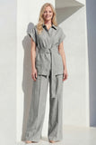 2 Piece Grey Short Sleeve Women's Linen Suits with Belt