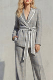 Peaked Lapel 2 Piece Grey Plaid Women's Linen Suits with Sash