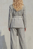 Peaked Lapel 2 Piece Grey Plaid Women's Linen Suits with Sash