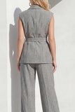 Stripe Peaked Lapel 2 Piece Grey Women's Linen Suits with Sash