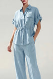 Blue 2 Piece Short Sleeve Women's Linen Suits