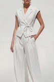 Notched Lapel White 2 Piece Stripe Women's Linen Suits