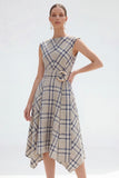 Plaid A Line Grey Grid Bateau Neck Midi Work Dress