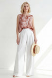 2 Piece Blue Printed Sleeveless Women's Linen Suits