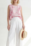 2 Piece Blue Printed Sleeveless Women's Linen Suits