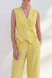 Yellow 2 Piece V Neck Sleeveless Women's Linen Suits