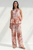 2 Piece Blue Bateau Neck Printed Women's Linen Suits