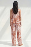 2 Piece Blue Bateau Neck Printed Women's Linen Suits
