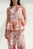 2 Piece Blue Bateau Neck Printed Women's Linen Suits