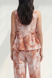 2 Piece Blue Bateau Neck Printed Women's Linen Suits