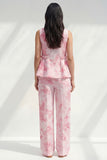 2 Piece Blue Bateau Neck Printed Women's Linen Suits