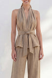 Khaki Halter 2 Piece Women's Linen Suits with Sash