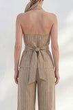 Khaki Halter 2 Piece Women's Linen Suits with Sash
