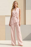 2 Piece Blue Women's Linen Suits with Sash