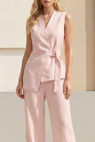 2 Piece Blue Women's Linen Suits with Sash