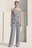 Stripe Dusty Blue 2 Piece Women's Linen Suits with Sash