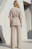 Yellow 2 Piece Half Sleeve Women's Linen Suits with Sash
