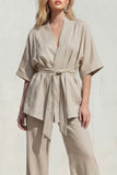 Yellow 2 Piece Half Sleeve Women's Linen Suits with Sash