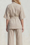 Yellow 2 Piece Half Sleeve Women's Linen Suits with Sash