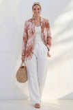 Blue 2 Piece Notched Lapel Printed Women's Linen Suits