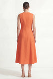 A Line Orange V Neck Sleeveless Midi Work Dress