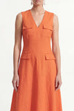 A Line Orange V Neck Sleeveless Midi Work Dress