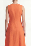 A Line Orange V Neck Sleeveless Midi Work Dress