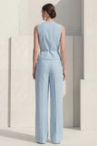 Blue 2 Piece Sleeveless Women's Linen Suits with Pockets