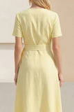 Short Sleeve Light Yellow A Line Midi Work Dress with Belt