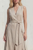 Khaki 2 Piece Sleeveless Women's Linen Suits with Sash