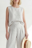 White 2 Piece Sleeveless Stripe Women's Linen Suits