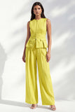 Yellow 2 Piece Round Neck Women's Linen Suits