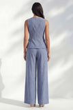 Dark Blue 2 Piece Stripe Sleeveless Women's Linen Suits