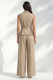 Khaki 2 Piece Notched Lapel Women's Linen Suits with Belt