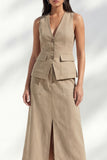 A Line khaki 2 Piece Sleeveless Midi Work Dress with Slit