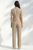 Notched Lapel Khaki 2 Piece Women's Linen Suits with Short Sleeves