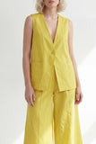 Yellow 2 Piece Sleeveless Women's Linen Suits with Pockets