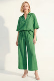 Green 2 Piece Half Sleeve Women's Linen Suits