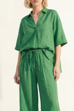 Green 2 Piece Half Sleeve Women's Linen Suits